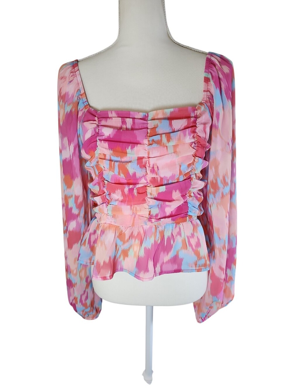 Pink Lily Watercolor Long Sleeve Cropped Blouse With Smocked Bodice Size Large